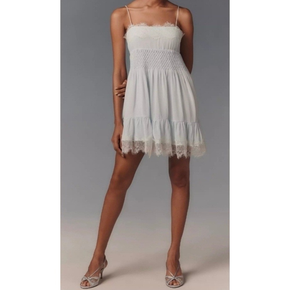 Maeve Anthropologie Light Blue Lace Trim‎ Smocked Mini Dress Womens Large Boho